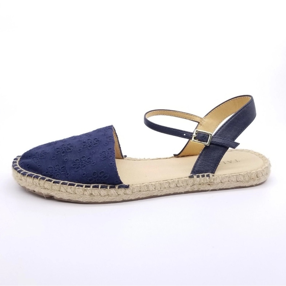 Talbots Izzy D'Orsay Eyelet Navy Blue Espadrille Flat Sandals Ankle Strap Sz 6.5